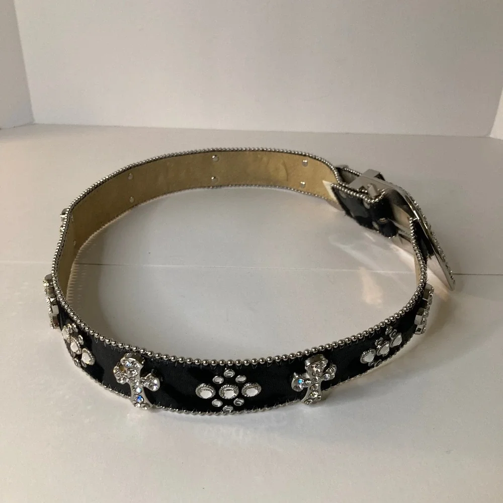 Vintage 1849 Authentic Ranchwear Rhinestone Cross Calfhair Belt 34-L Black 1.5